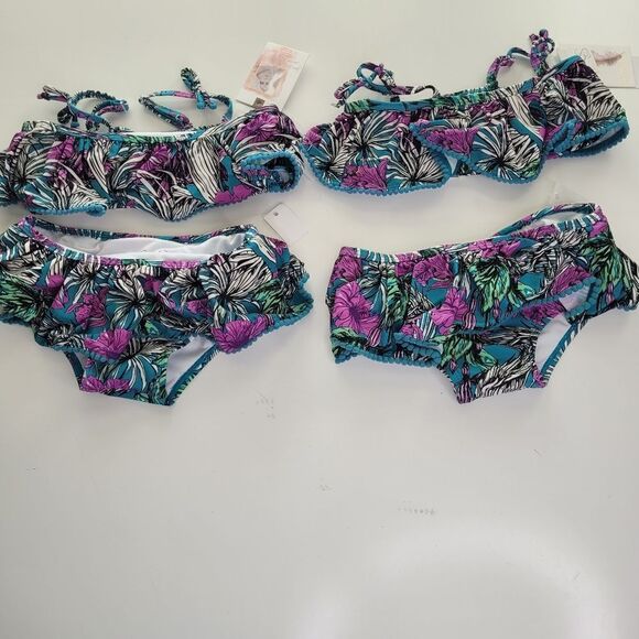 NEW 24 MO JESSICA SIMPSON 2 PIECE tropical pure black green pom swimsuit NWT - Picture 7 of 11